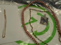 CS2180/2026 jewelry necklace – salmon pink beads and metal medallion